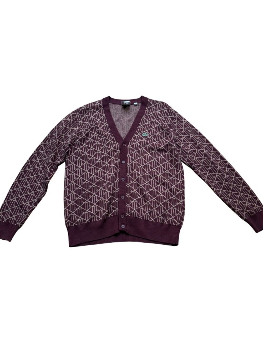 Lacoste Live Monogram Cardigan Bordeaux Jacquard Y2K Preppy Size L